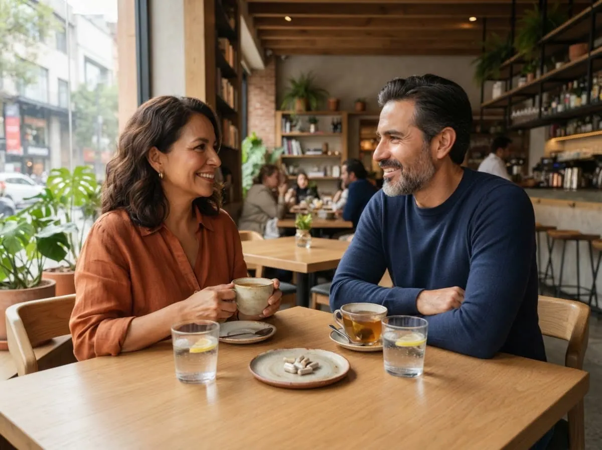 Pareja latinoamericana conversando en una cafetería