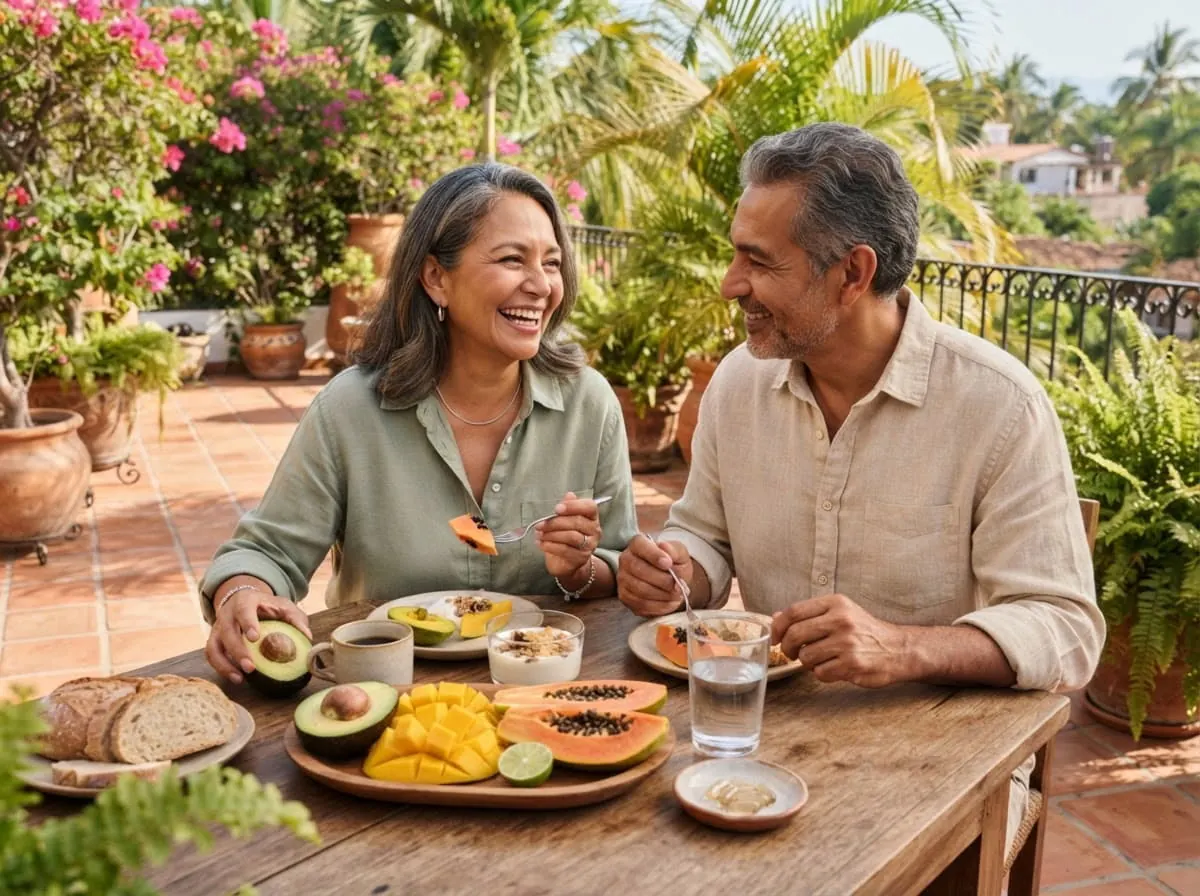 Pareja mayor latinoamericana desayunando juntos